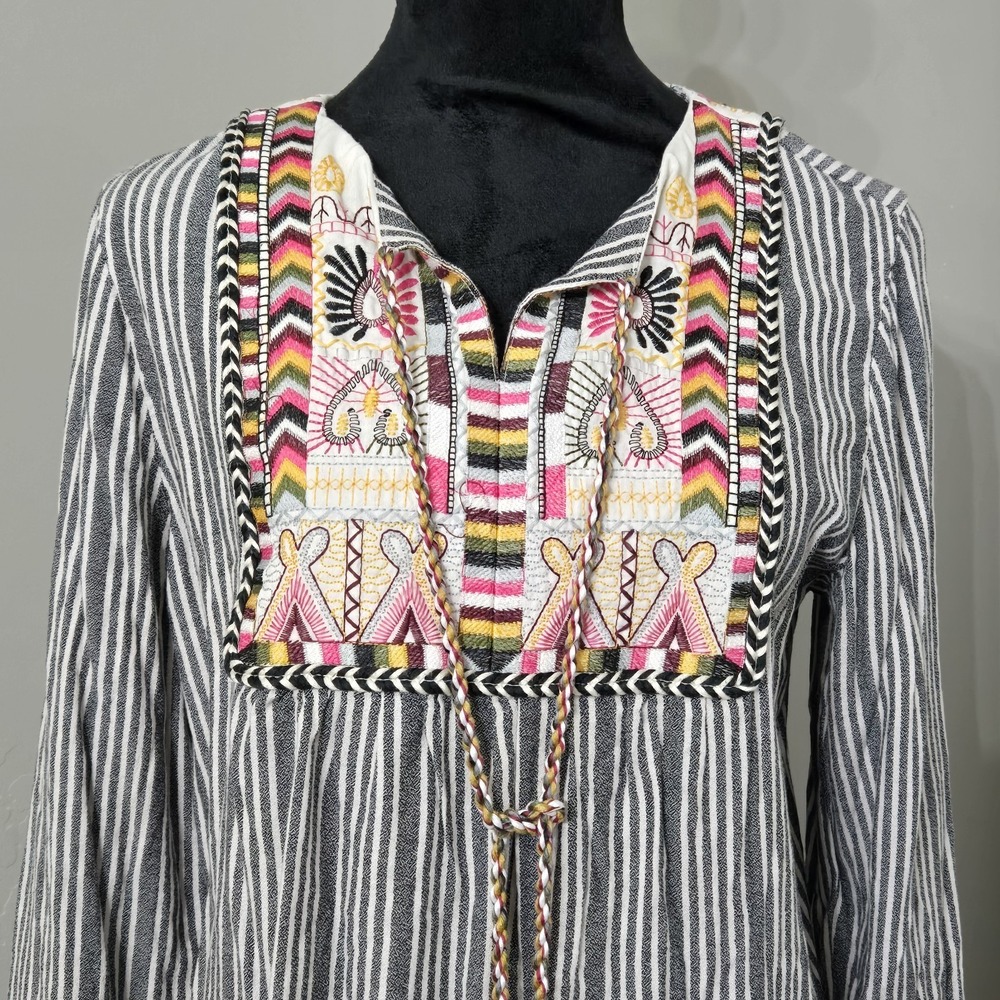 Philosophy Revolve Embroidered Tassel Striped Bohemian Tunic Dress Women's Sz L - Picture 2 of 13